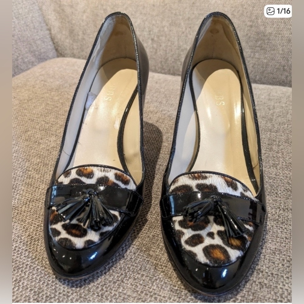 Hobbs London Black Patent Leather | Leopard Print |Tassel | EU 37.5
